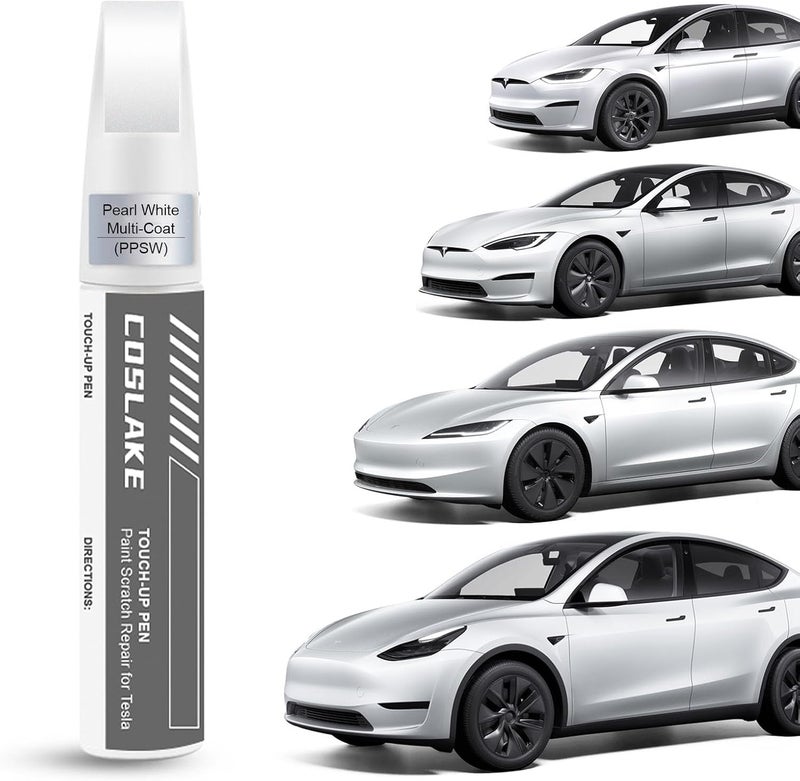 COSLAKE طلاء لمس السيارات (أبيض لؤلؤي متعدد الطبقات (PPSW)) لطرازات Tesla Model Y/3/S/X، مجموعة إصلاح الخدوش DIY 2 في 1 مع رأس قلم وفرشاة، قلم إزالة الخدوش مطابق للون Tesla - Image 1