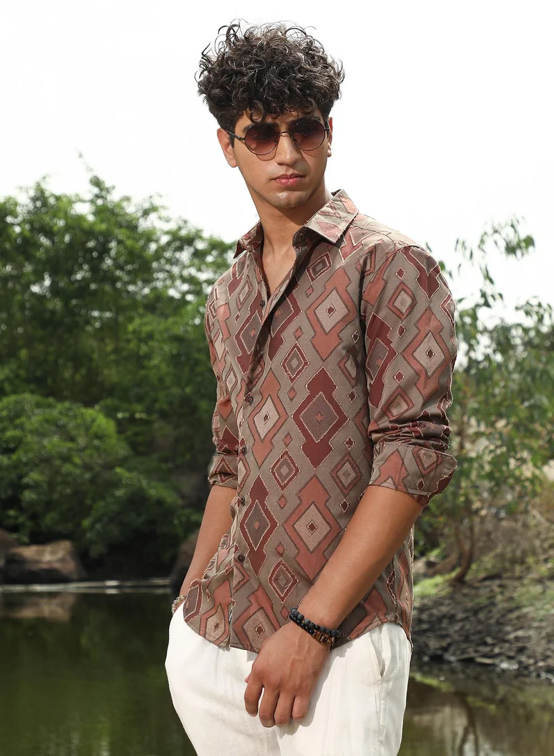 Campus Sutra Campus Sutra Men's Peanut Brown Indie-Folk Geometric Jacquard Shirt | Spread Collar , Long Sleeve Cuffed Sleeves , Button Closure | Geometric Jacquard | Cotton-Blend Shirt For Evening Wear