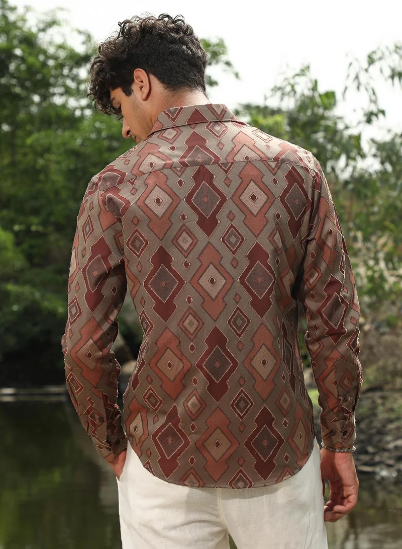 Campus Sutra Campus Sutra Men's Peanut Brown Indie-Folk Geometric Jacquard Shirt | Spread Collar , Long Sleeve Cuffed Sleeves , Button Closure | Geometric Jacquard | Cotton-Blend Shirt For Evening Wear
