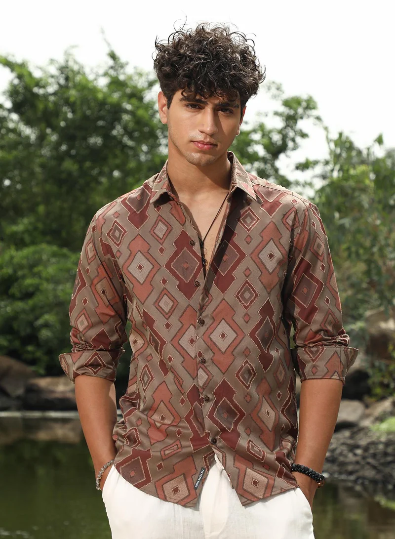 Campus Sutra Campus Sutra Men's Peanut Brown Indie-Folk Geometric Jacquard Shirt | Spread Collar , Long Sleeve Cuffed Sleeves , Button Closure | Geometric Jacquard | Cotton-Blend Shirt For Evening Wear