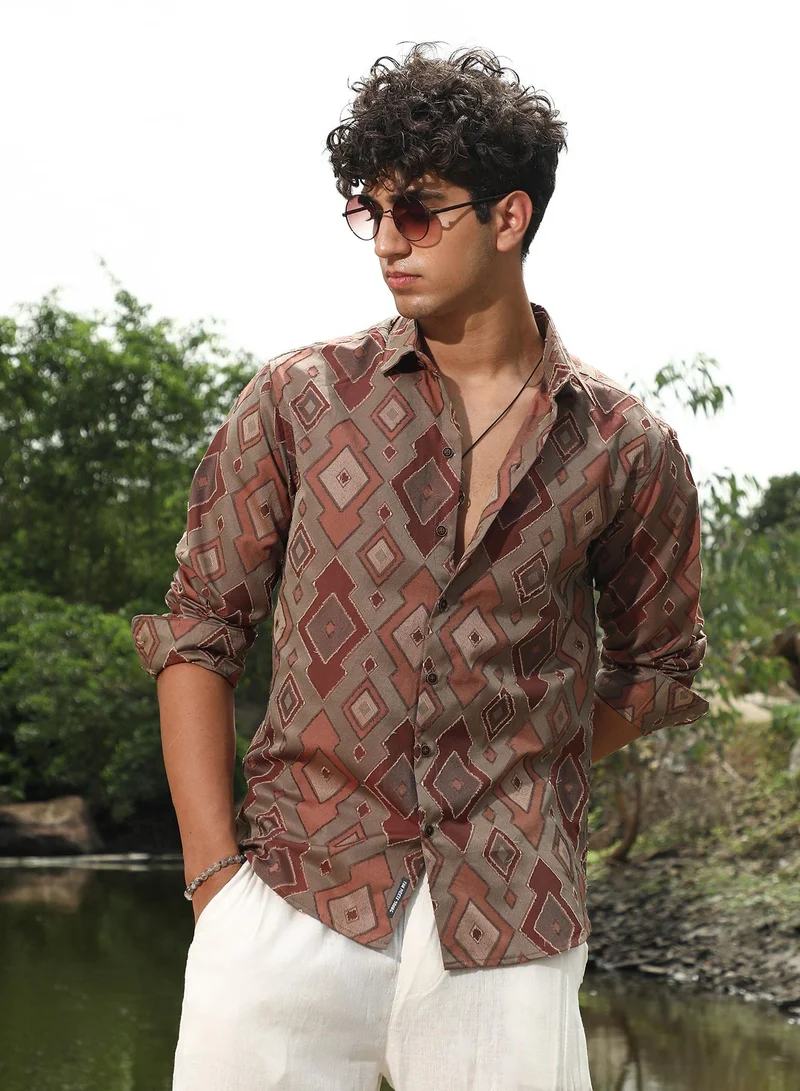 Campus Sutra Campus Sutra Men's Peanut Brown Indie-Folk Geometric Jacquard Shirt | Spread Collar , Long Sleeve Cuffed Sleeves , Button Closure | Geometric Jacquard | Cotton-Blend Shirt For Evening Wear