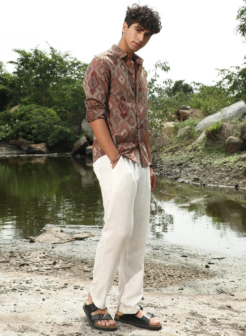 Campus Sutra Campus Sutra Men's Peanut Brown Indie-Folk Geometric Jacquard Shirt | Spread Collar , Long Sleeve Cuffed Sleeves , Button Closure | Geometric Jacquard | Cotton-Blend Shirt For Evening Wear