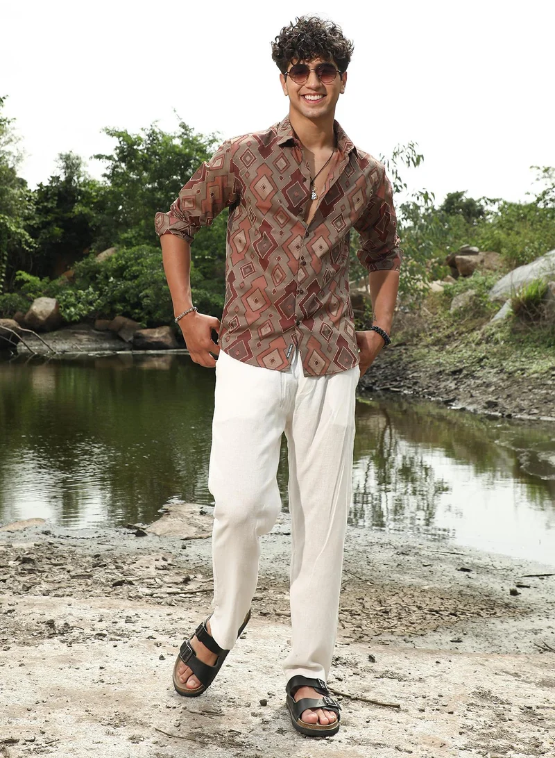 Campus Sutra Campus Sutra Men's Peanut Brown Indie-Folk Geometric Jacquard Shirt | Spread Collar , Long Sleeve Cuffed Sleeves , Button Closure | Geometric Jacquard | Cotton-Blend Shirt For Evening Wear
