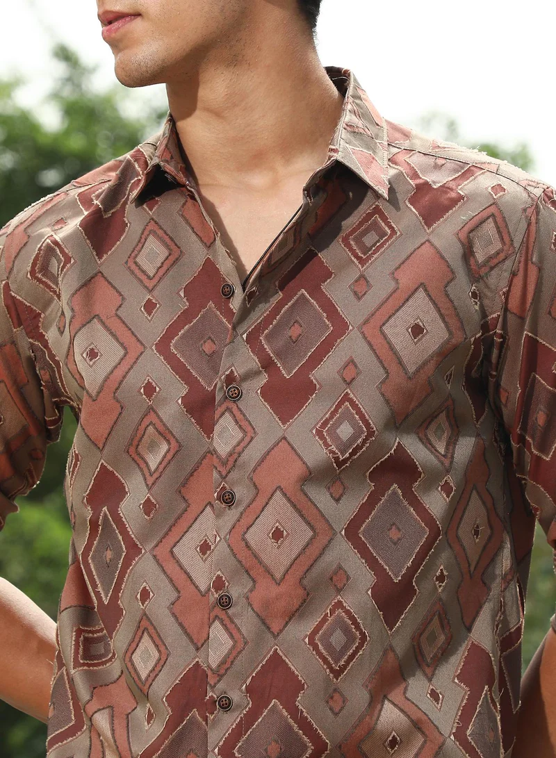 Campus Sutra Campus Sutra Men's Peanut Brown Indie-Folk Geometric Jacquard Shirt | Spread Collar , Long Sleeve Cuffed Sleeves , Button Closure | Geometric Jacquard | Cotton-Blend Shirt For Evening Wear