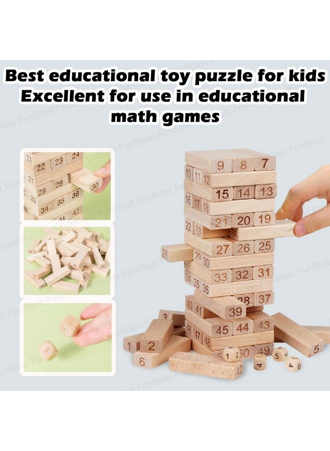 فنبلاست لعبة برج التكديس من فن بلاست، مكعبات خشبية، لعبة بناء مكعبات مع 4 نرد للأطفال - 54 قطعة (متعددة الألوان) - Image 3