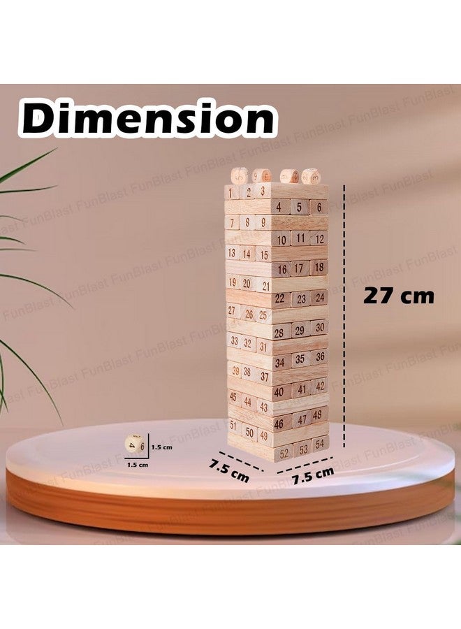 فنبلاست لعبة برج التكديس من فن بلاست، مكعبات خشبية، لعبة بناء مكعبات مع 4 نرد للأطفال - 54 قطعة (متعددة الألوان) - Image 2