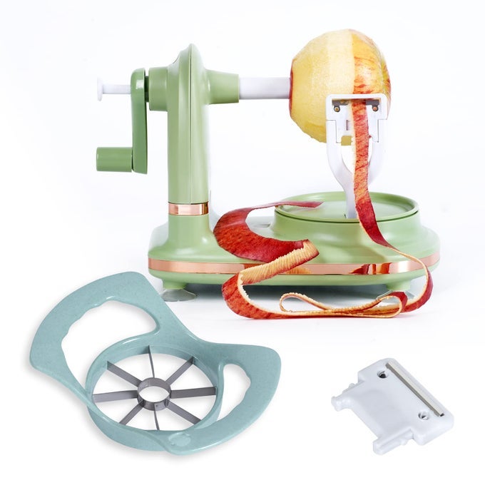 UPGRADED PLASTIC APPLE PEELER PEAR PEELER AND APPLE SLICER CORER WITH STAINLESS STEEL BLADESONE BACKUP BLADE INCLUDED