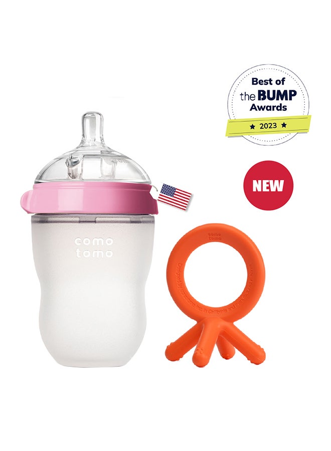 comotomo Natural Feel Baby Bottle 250 ML With Silicone Baby Teether, 3 Months + - Image 1
