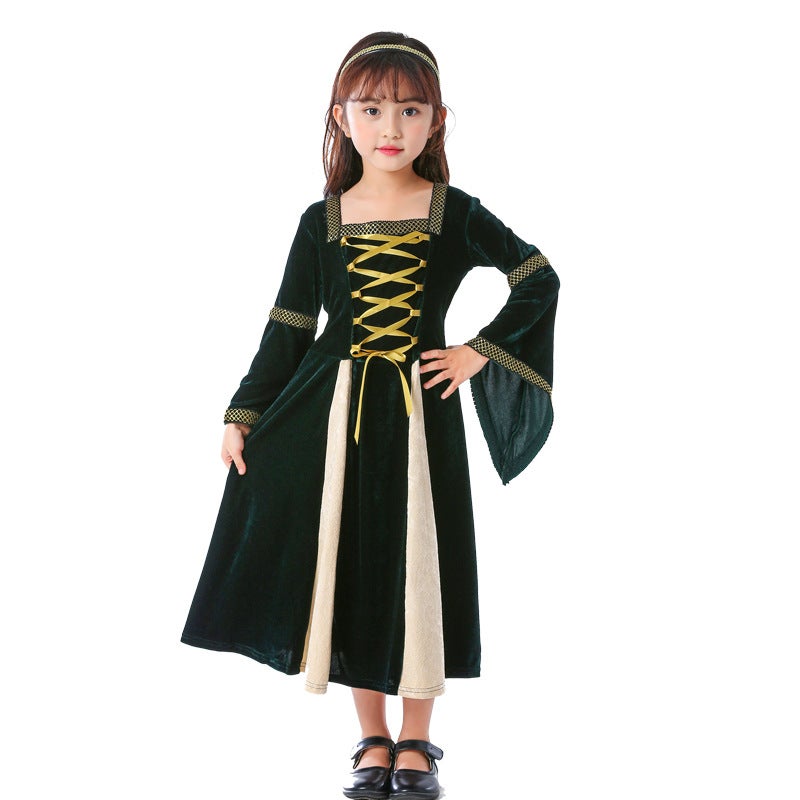 Halloween European Medieval Retro Court Costume Childrens Aristocratic Costume Girls Princess Dress Costume Green: dress Tie Headwear