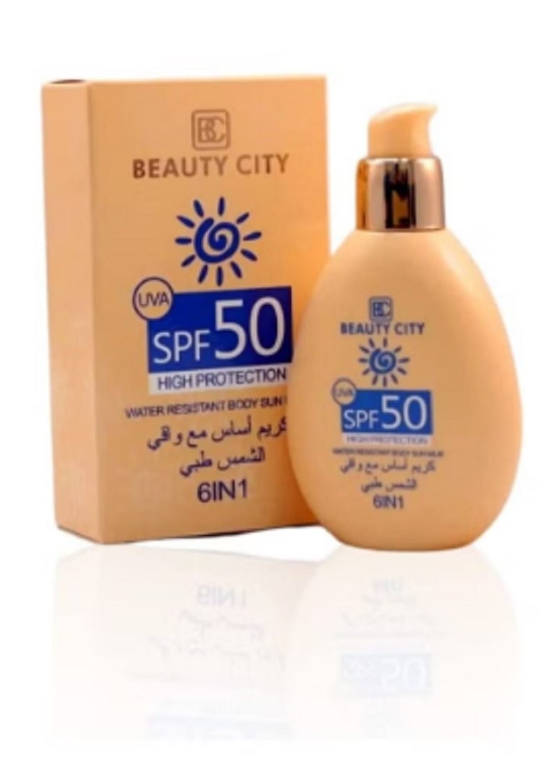 Beauty City 6 in 1 Sun Milk Foundation with SPF50 Water Resistant Cruelty Free Evens Skin Tone and Removes Dark Circles Sand Beige 