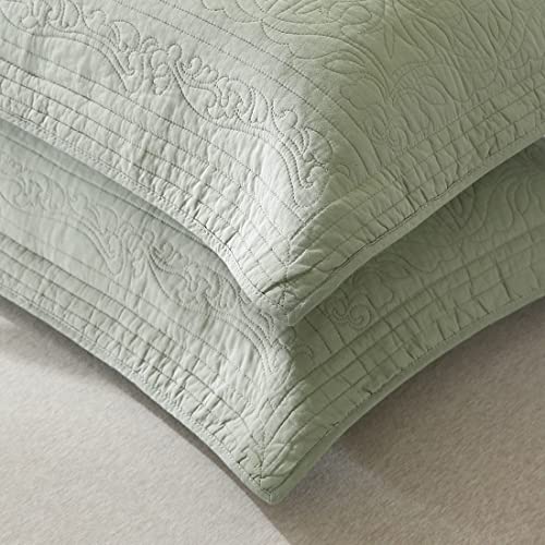 WINLIFE 100% Cotton Quilted Pillow Sham Floral Printed Pillow Cover Sage Green, Standard Size, 20 x 26 Inch - Image 3