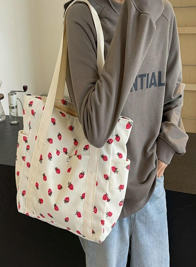 Tellrain Corduroy Cute Strawberry Tote Bag Women Kawaii Shoulder Handbag Casual Purse Multiple Pockets College Work Book - Image 3
