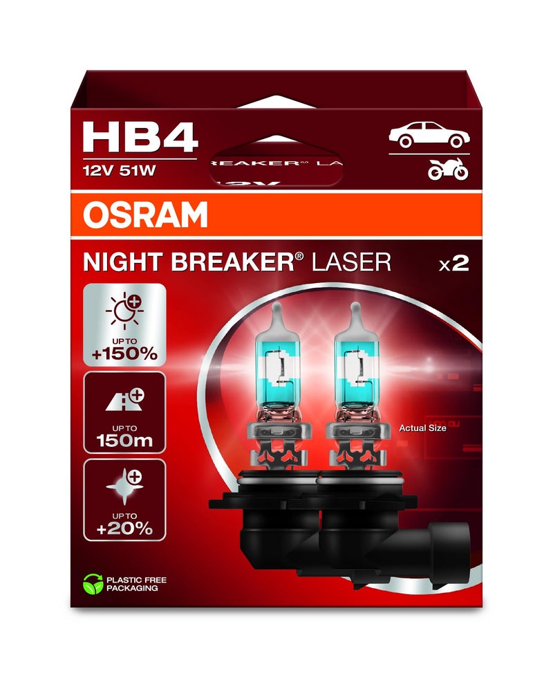 OSRAM Night Breaker Laser HB4, 150% More Brightness, Halogen Headlight Bulb, 9006NL-2HB, 12 V Car, Hanging Box (2 Lamps), White - Image 2