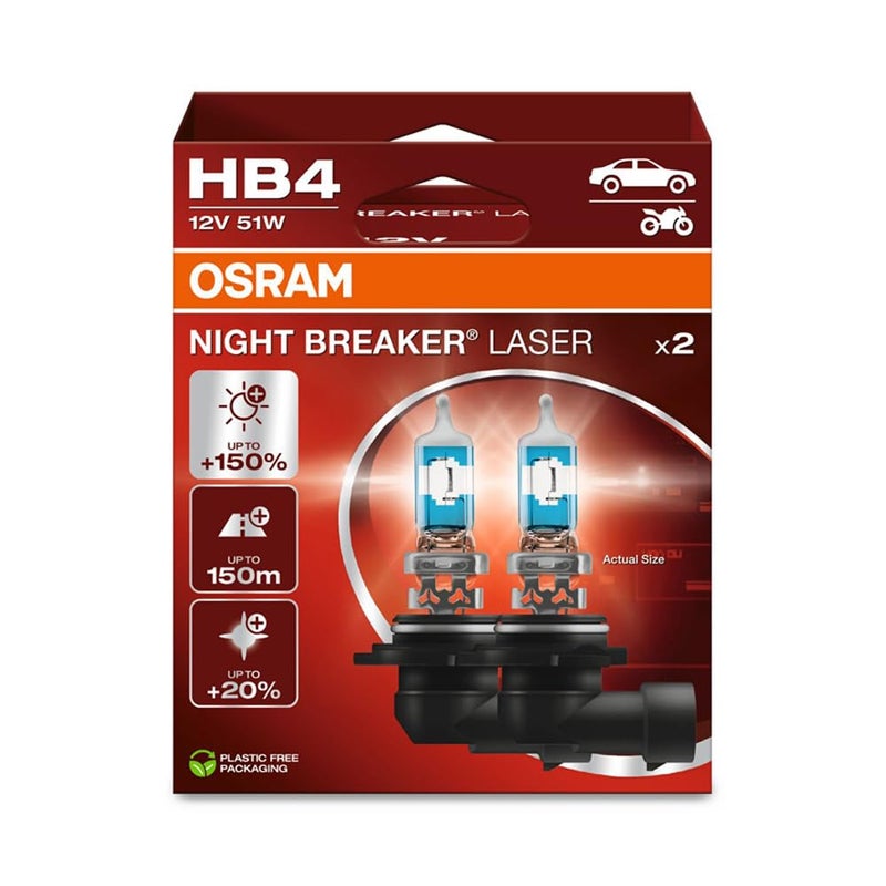 OSRAM Night Breaker Laser HB4, 150% More Brightness, Halogen Headlight Bulb, 9006NL-2HB, 12 V Car, Hanging Box (2 Lamps), White - Image 1