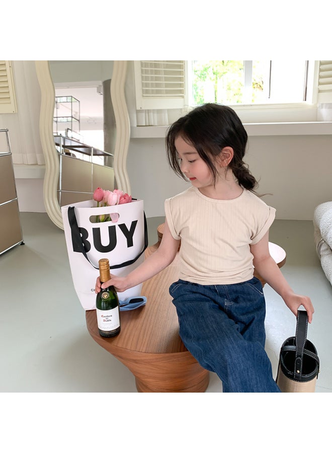Boys And Girls Summer Thin Solid Color Rolled Sleeve Short Sleeve Top Base Shirt Children's Sleeveless Vest T-shirt Tank Top