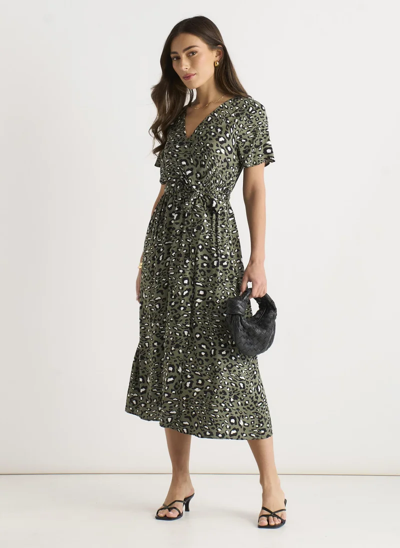 Gini London  Khaki Short Sleeve Animal Print Wrap Front Midi Dress for Women | Best Price UAE