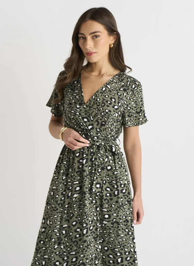 Gini London  Khaki Short Sleeve Animal Print Wrap Front Midi Dress for Women | Best Price UAE