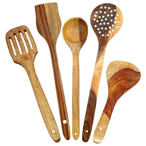 Yanmai Handmade Wooden Cooking & Serving Spoon Set – 5-Piece Natural Wood Kitchen Utensils for Stirring, Mixing & Serving - Image 1