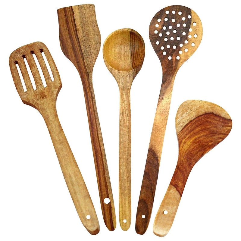 Yanmai Handmade Wooden Cooking & Serving Spoon Set – 5-Piece Natural Wood Kitchen Utensils for Stirring, Mixing & Serving - Image 4