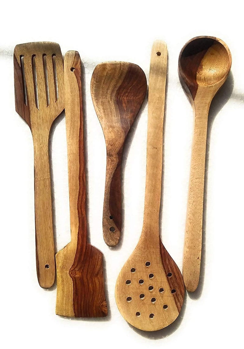 Yanmai Handmade Wooden Cooking & Serving Spoon Set – 5-Piece Natural Wood Kitchen Utensils for Stirring, Mixing & Serving - Image 2
