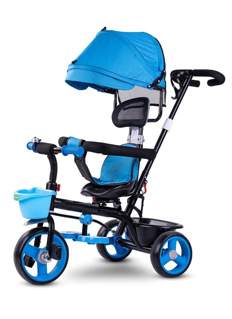3 In 1 Baby Tricycle For Kids With Rubber Wheels Canopy And Parental Adjustable Push Handle Cycle Trikes 1 To 5 Years Boys Girls Blue