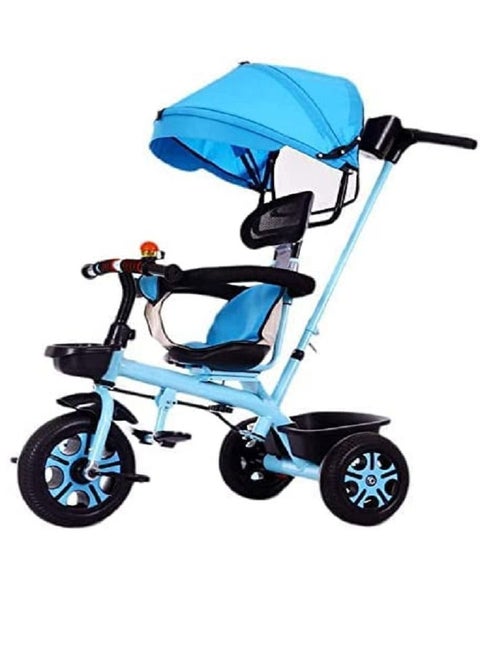 3 In 1 Baby Tricycle For Kids With Rubber Wheels Canopy And Parental Adjustable Push Handle Cycle Trikes 1 To 5 Years Boys Girls Blue