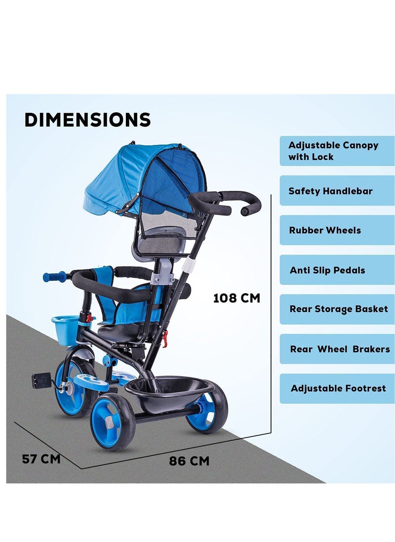 3 In 1 Baby Tricycle For Kids With Rubber Wheels Canopy And Parental Adjustable Push Handle Cycle Trikes 1 To 5 Years Boys Girls Blue
