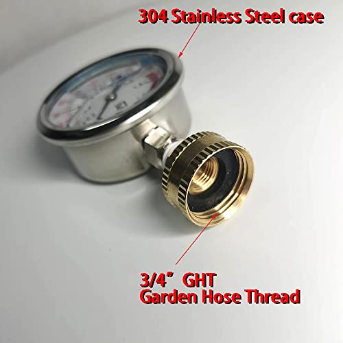 YZMSZ Stainless Steel 304 Liquid Filled Water Pressure Test Gauge,0-220psi, 2-1/2" Dial Display,Oil Gauge.Female 3/4" GHT Garden Hose Thread. - Image 2