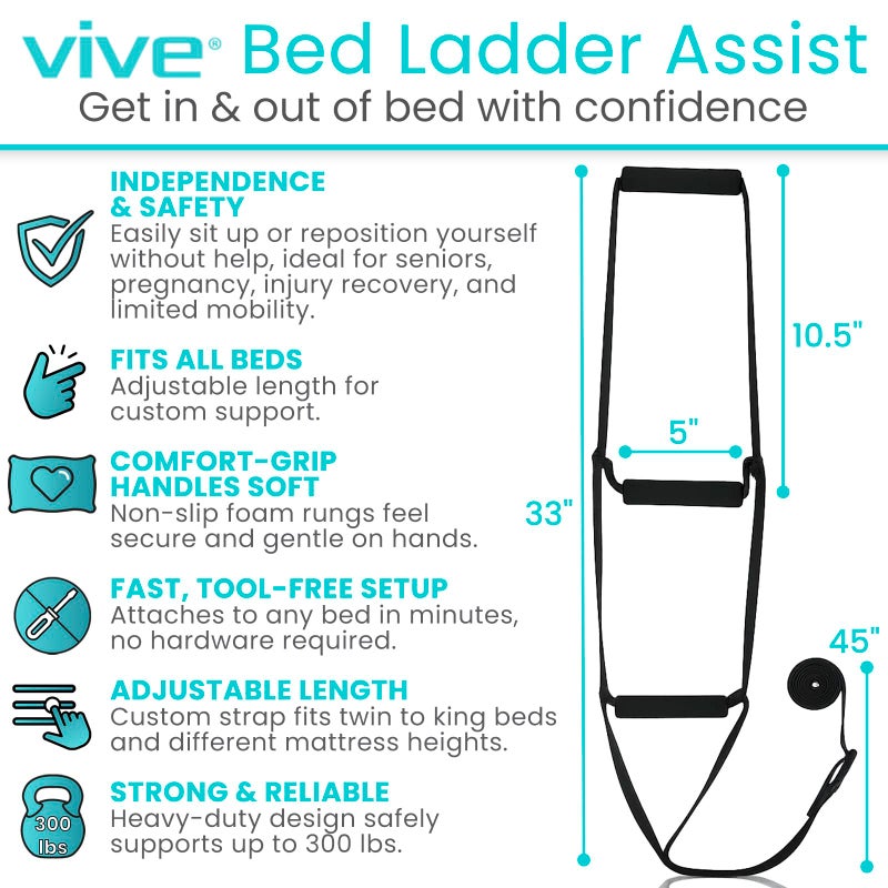 Vive Bed Ladder Assist - Pull Up Assist Device with Handle Strap - Rope Ladder Caddie Helper - Sitting, Sit Up Hoist for Elderly, Senior, Injury Recovery Patient, Pregnant, Handicap - Padded Hand Grip - Image 2