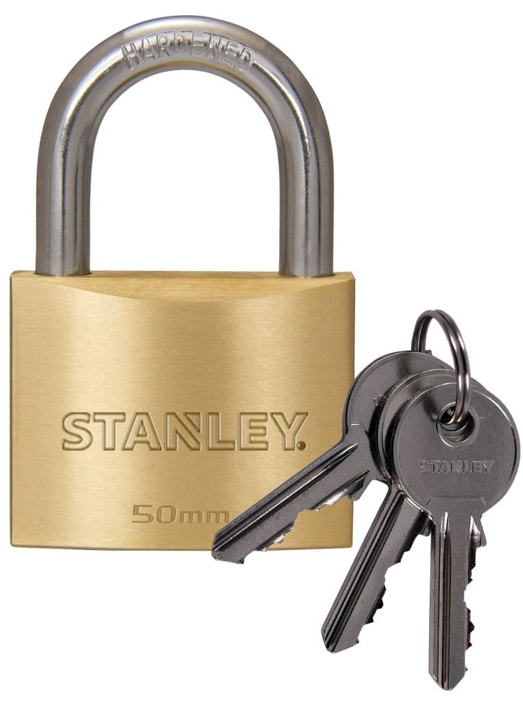 Stanley Padlock Brass 50mm Standard Shackle with 3 Keys - Image 1
