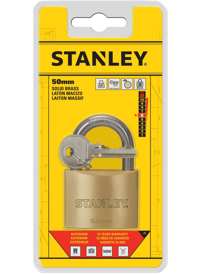 Stanley Padlock Brass 50mm Standard Shackle with 3 Keys - Image 5