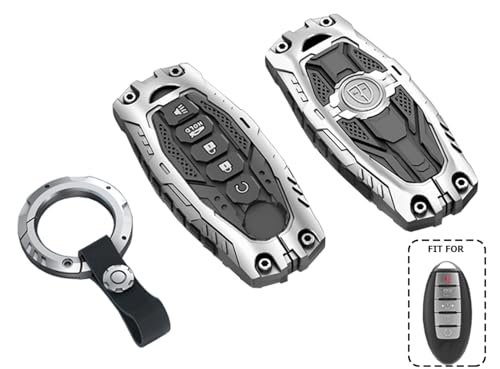 AYGUCEKE Heavy Duty Key Fob Cover for Nissan Altima Armada Maxima Murano Pathfinder Rogue Titan Armada Versa Sentra Zinc Alloy Keyless Entry Key Fob Case Protector with Keychain 5 Buttons (Silver) - Image 2