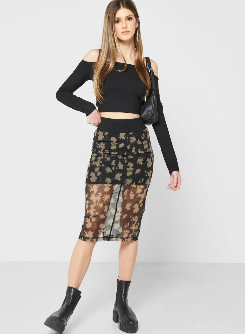 Calvin Klein Jeans Floral Print Mesh Detail Skirt