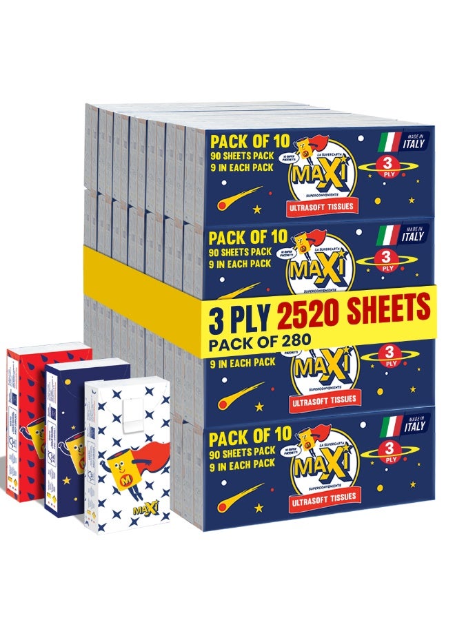 3 Ply Pocket Facial Tissues 280 Packs of Super Soft Tissue 9 Sheets Each pack (2520 Sheets Total) with Flap Packing to Keep Tissue Clean and Fresh for On-the-Go Use