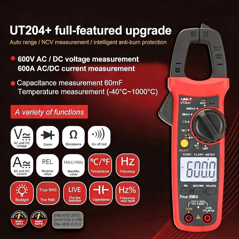 UNI-T UT204+ Digital Clamp Meter - True RMS, 600A AC-DC, Temperature Measurement - Image 2