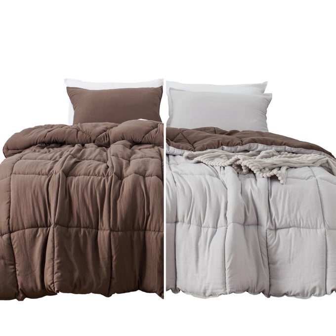 REVERSIBLE NOSHRINK TWINTWIN XL SIZE COMFORTER SET WITH 1 SHAM DOWN ALTERNATIVE DUVET INSERT WITH CORNER TIES LIGHTWEIGHT ULTRA SOFT MACHINE WASHABLE ALLSEASON SILVER AND BROWN