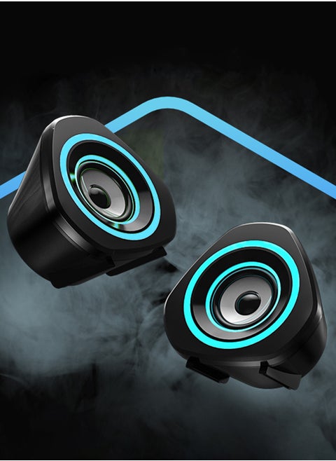 USB Computer Speakers,USB-Powered  PC Gaming Speakers for Desktop Computer Laptop and Mobile Phone USB 3.5mm Aux Input BLUE Lights Black