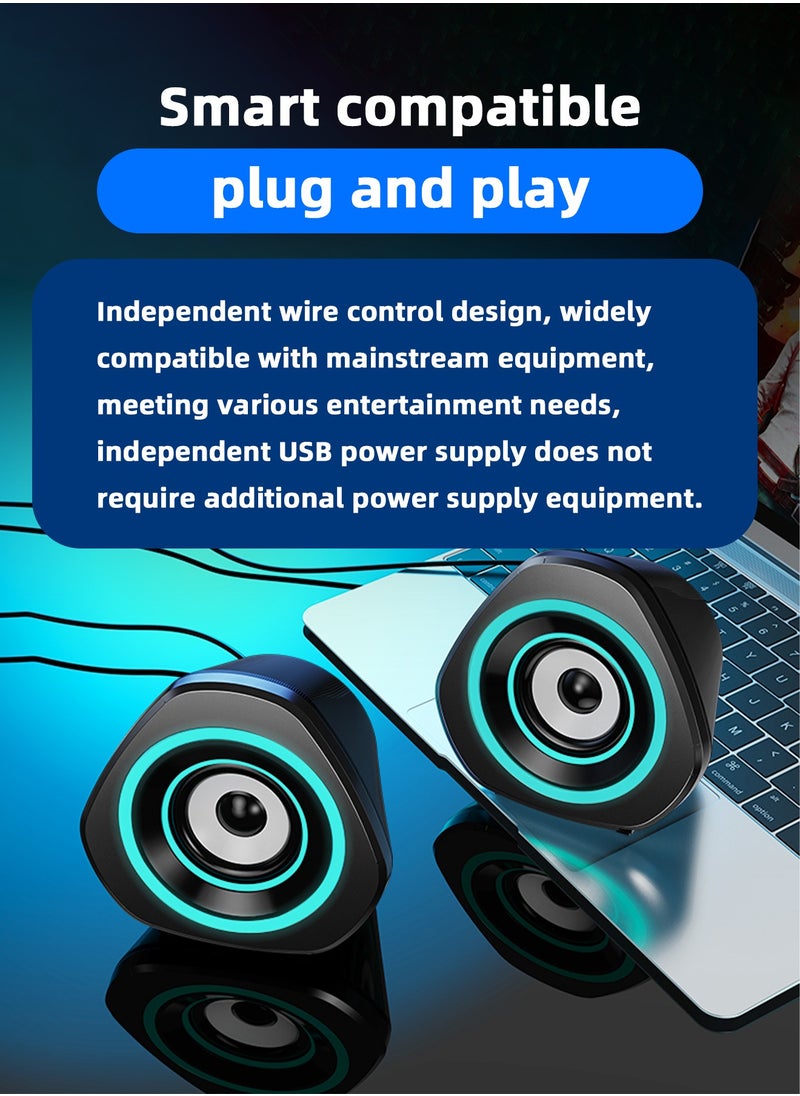 LOOPITYS - USB Computer Speakers,USB-Powered  PC Gaming Speakers for Desktop Computer Laptop and Mobile Phone USB 3.5mm Aux Input BLUE Lights Black - Image 1