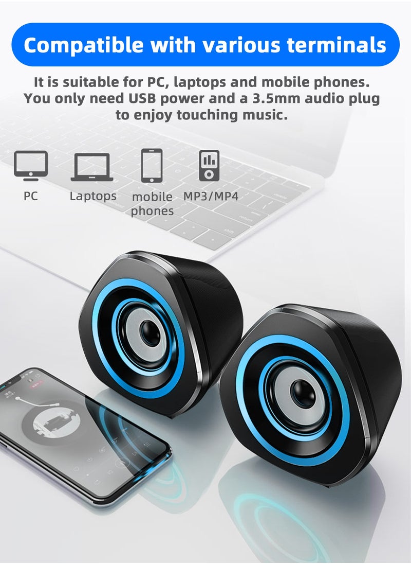LOOPITYS - USB Computer Speakers,USB-Powered  PC Gaming Speakers for Desktop Computer Laptop and Mobile Phone USB 3.5mm Aux Input BLUE Lights Black - Image 1