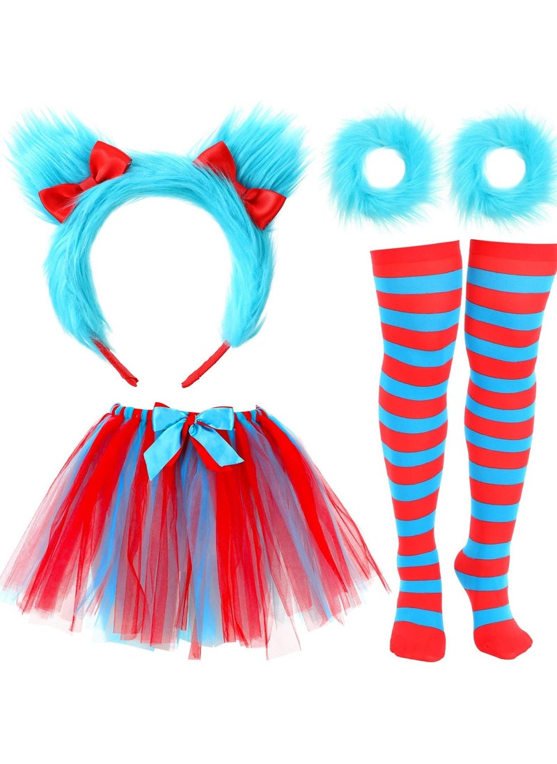Generic - Dr. Seuss Picture Book Character Costumes, 5PCS Costumem Set Striped Knee Socks Tulle Tutu Skirt Blue Wig Wristbands for Halloween Party(Size: Skirt waistline 61cm, 35cm L; Socks 50cm L, 8cm W) - Image 1