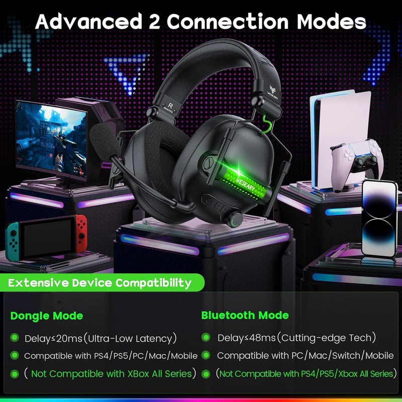 سماعة ألعاب لاسلكية WG2 لأجهزة PS5 وPS4 والكمبيوتر وSwitch وMac، سماعات بلوتوث ستيريو كريستالية، سماعة رأس لاسلكية 2.4 جيجاهرتز مع صوت غير مضغوط، بطارية 50 ساعة، LED رائع - Image 4