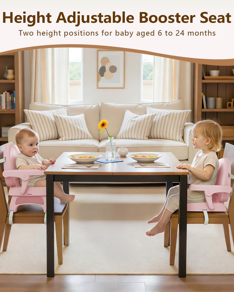 BBsecure Booster Seat for Kitchen Chair, 3-in-1 Foldable Baby Booster Seat with Removable Dual Tray & 3-Point Harness, Portable Toddler Booster Chair for Dinning Table, Travel, Outdoor Camping, Pink - Image 3