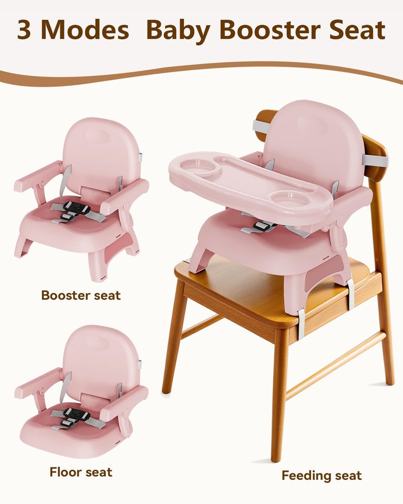BBsecure Booster Seat for Kitchen Chair, 3-in-1 Foldable Baby Booster Seat with Removable Dual Tray & 3-Point Harness, Portable Toddler Booster Chair for Dinning Table, Travel, Outdoor Camping, Pink - Image 4