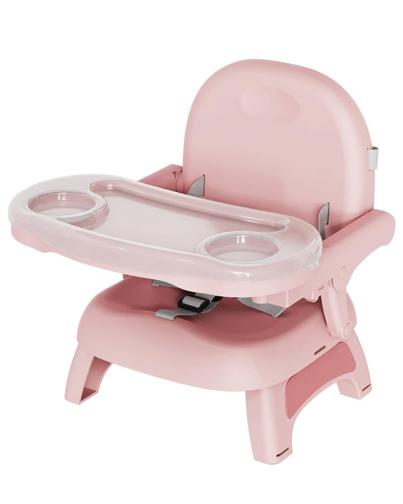 BBsecure Booster Seat for Kitchen Chair, 3-in-1 Foldable Baby Booster Seat with Removable Dual Tray & 3-Point Harness, Portable Toddler Booster Chair for Dinning Table, Travel, Outdoor Camping, Pink - Image 1