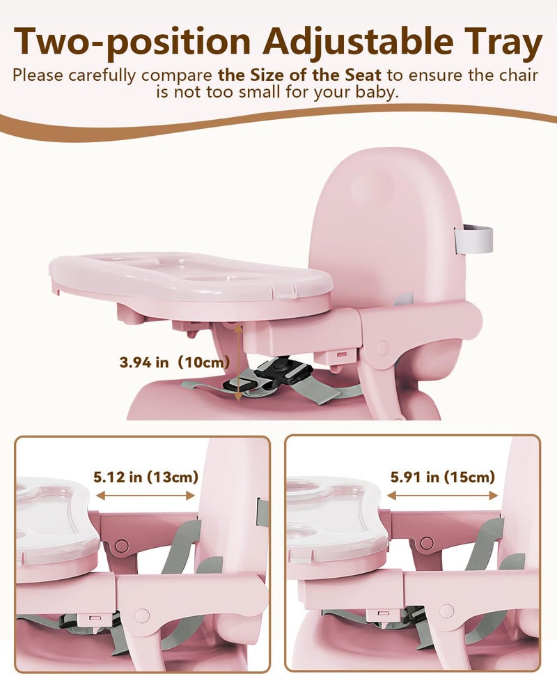BBsecure Booster Seat for Kitchen Chair, 3-in-1 Foldable Baby Booster Seat with Removable Dual Tray & 3-Point Harness, Portable Toddler Booster Chair for Dinning Table, Travel, Outdoor Camping, Pink - Image 5