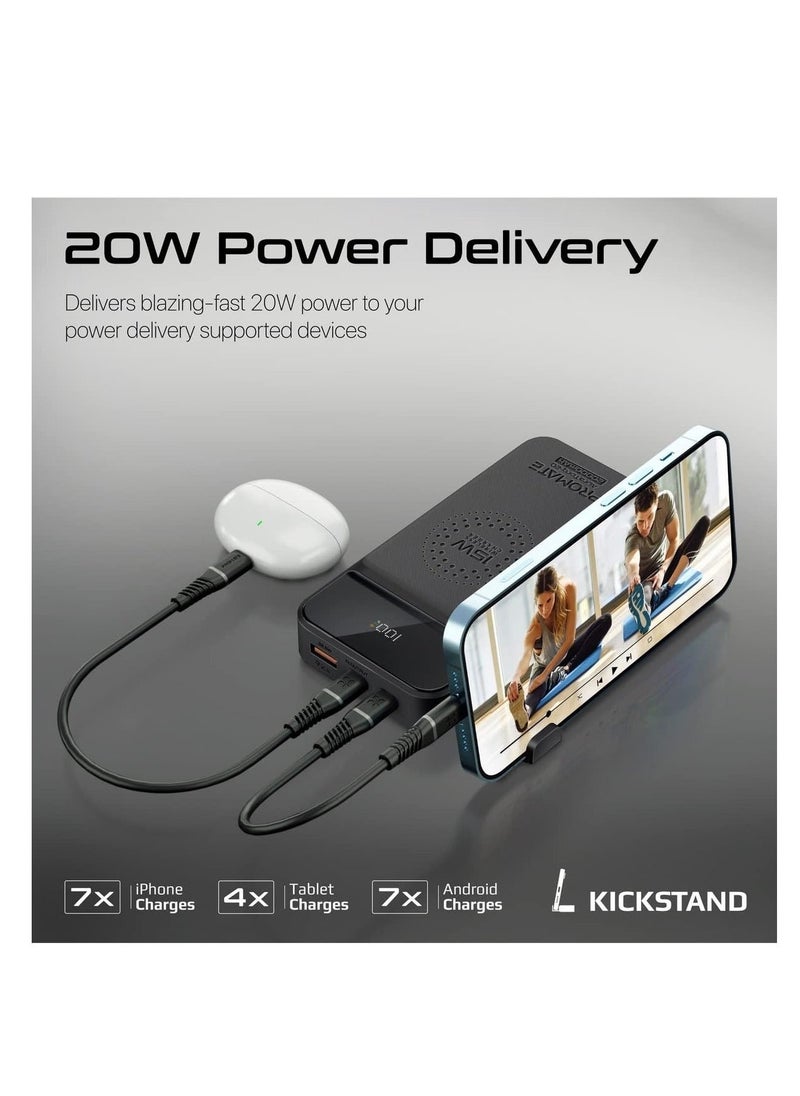 Raxoom - Promate iPhone 15 Power Bank, Portable 20000mAh 15W Qi Wireless Charger with 20W USB-C Power Delivery Port, 18W USB-C, 22.5W USB QC 3.0 Port, LCD and Kickstand for iPhone, Galaxy S23, AuraTorq-20 - Image 1