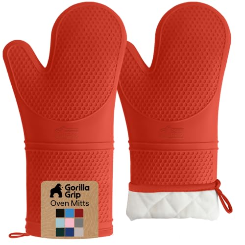 GORILLA GRIP BPAFree Soft Silicone Oven Mitts 145x83 Heat Resistant and Waterproof Cooking Gloves Thick Cotton Lining Flexible Gripping for Baking Grilling Kitchen Potholders Set of 2 Coral - Image 1
