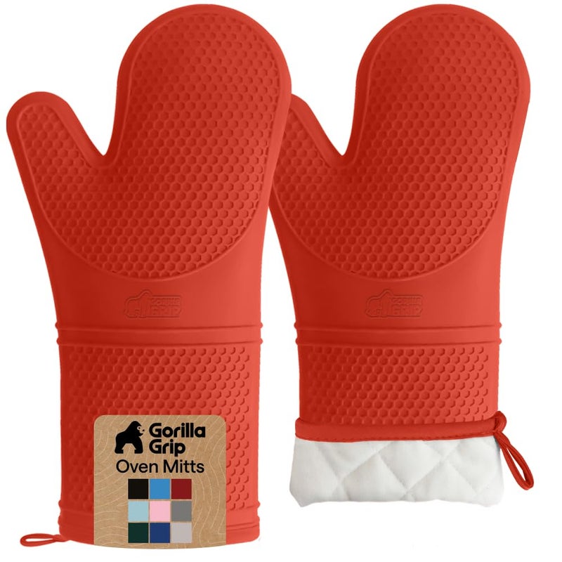 GORILLA GRIP BPAFree Soft Silicone Oven Mitts 145x83 Heat Resistant and Waterproof Cooking Gloves Thick Cotton Lining Flexible Gripping for Baking Grilling Kitchen Potholders Set of 2 Coral - Image 2