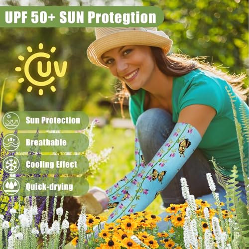 Bebila Gardening Sleeves for Women Farm UV Sun Protection Anti-Scratch Cooling Sleeves with Thumb Hole Arms Cover Outdoors (Blue Butterfly) - Image 3