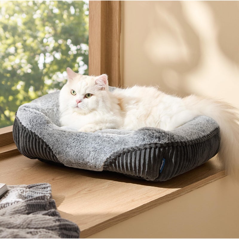 Bedsure Washable Dog Bed Small Dogï¼†Cat- Rectangle Fluffy Plush Kitten Puppy Bed, Comfy Corduroy Fleece and Nonskid Bottom,20x19x6inches,Suitable for Pet Up to 15lbs,Grey - Image 1